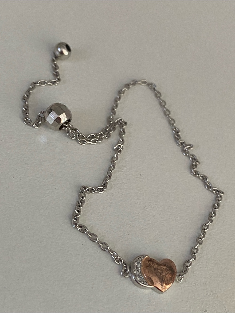 Stamped 925 Two-Tone Heart Pendant Bracelet - Rose Gold & Silver